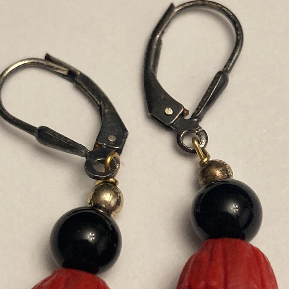 Large Carved Design Flower Floral Drop Bauble Earrings - Picture 8 of 16